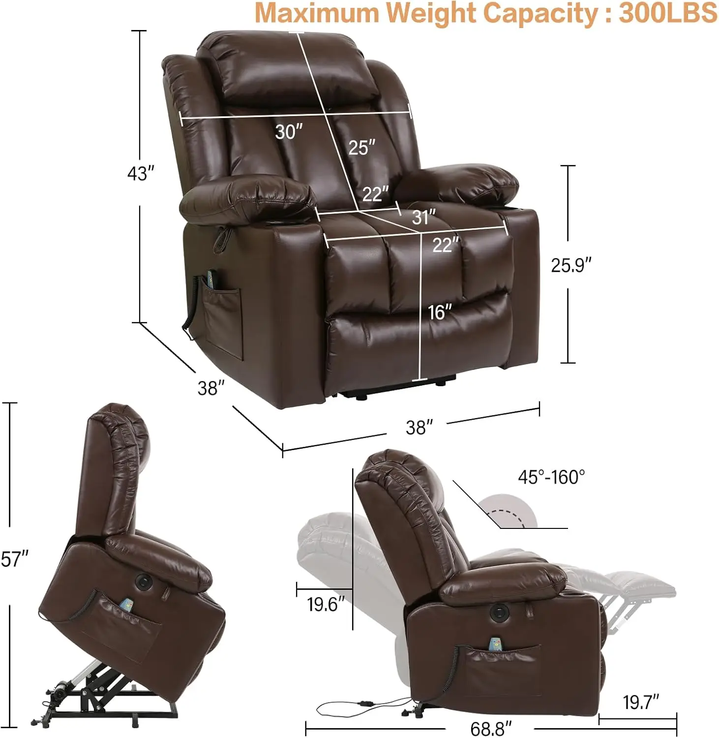 Power Lift Recliner Chair for Elderly Breathable Leather Recliner Chair with Massage and Heat for People Limited Mobility(Brown)