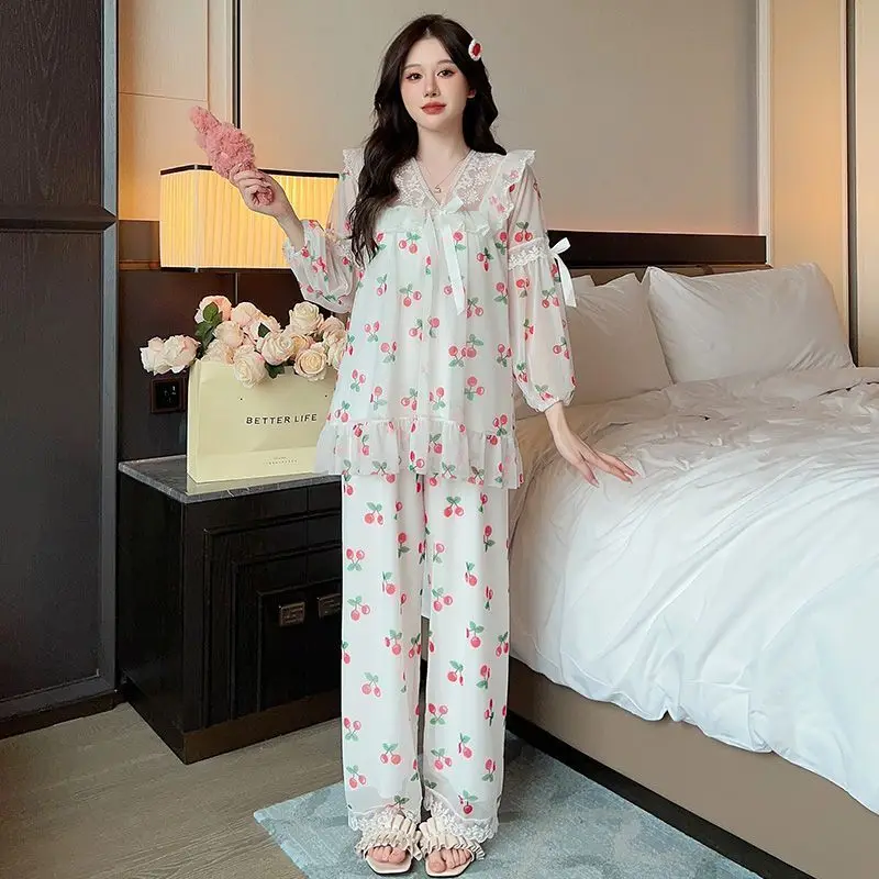 Long Sleeve Chinese Style Ice Silk Sweet Lace Princess Style Homewear with Breast Pad Pajamas for Women Spring and Autumn