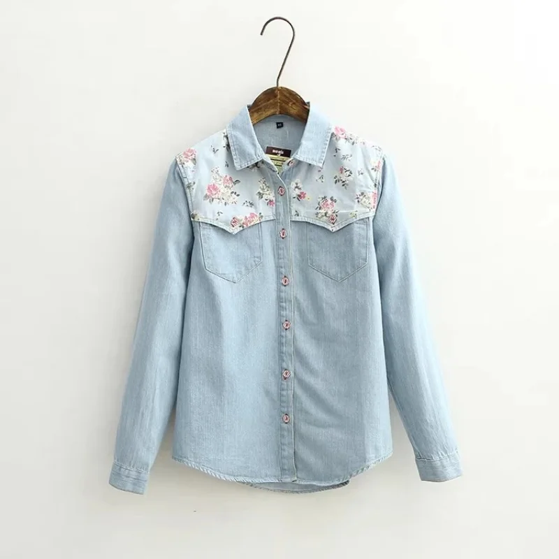 

New Spring Autumn Women Floral Print Denim Shirt Long Sleeve Casual Shirts Ladies Single Breasted Office Jeans Blouse Short Tops