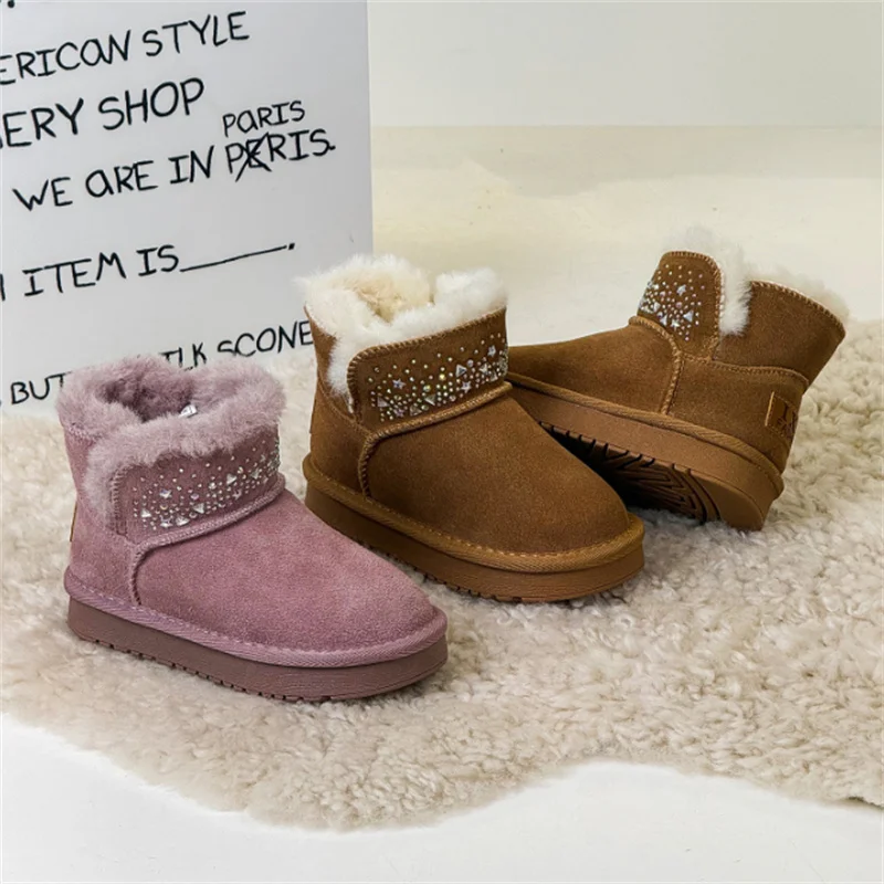 

Новые зимние детские зимние сапоги из натуральной кожи, теплая плюшевая детская обувь со стразами, нескользящие модные хлопковые сапоги для девочек, размеры 26-37 г.