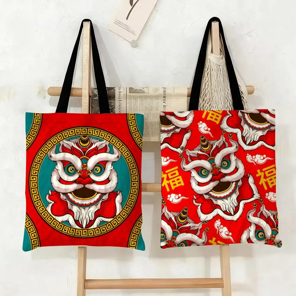 

Lion Dance Storage Bags Canvas Tote Bag Large Capacity Double-Sided Print Reusable Shopping Bag Shoulder Bag