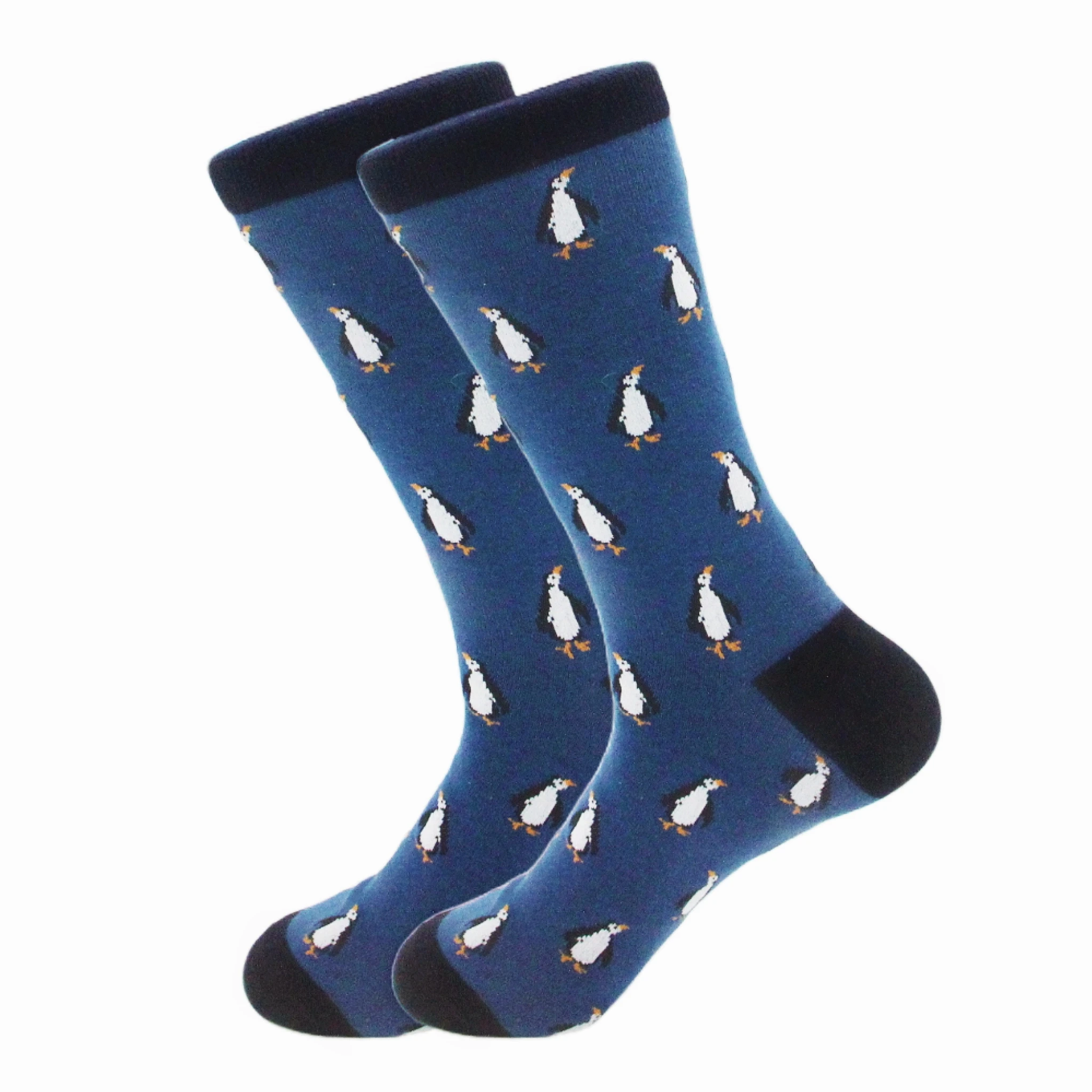 1 pair of men's fashion cartoon dark blue full-print penguin pattern personalized trendy mid-calf socks