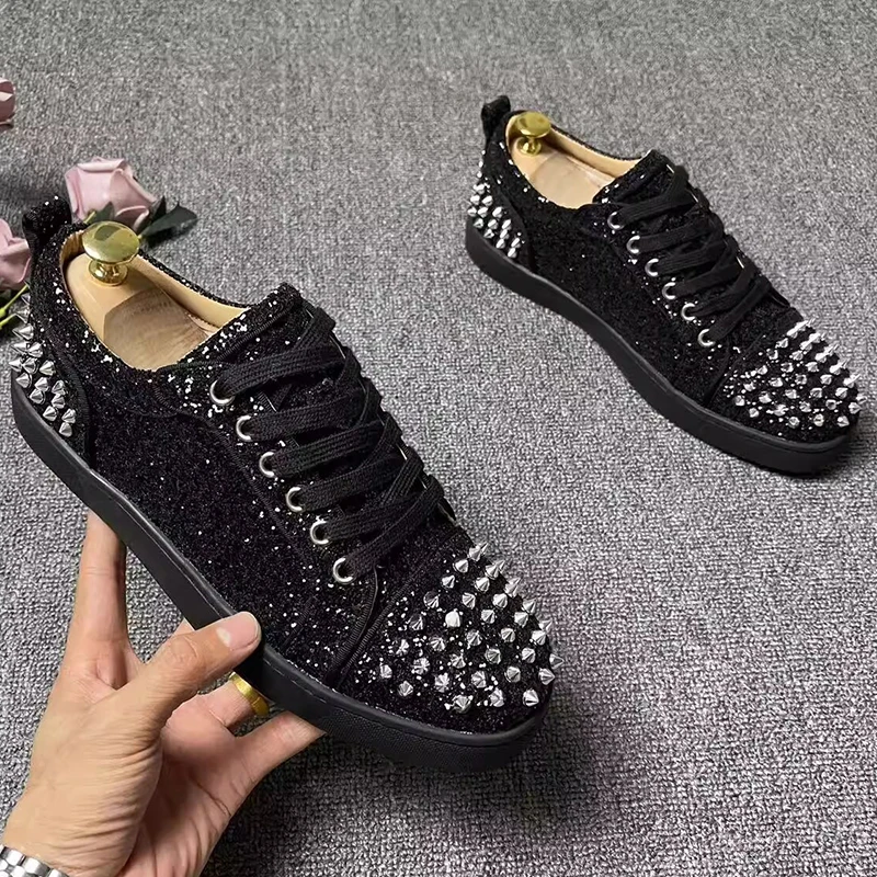 mens casual stage nightclub dress rivets shoes breathable canvas shoe black silver flats sneakers brand designer trendy footwear