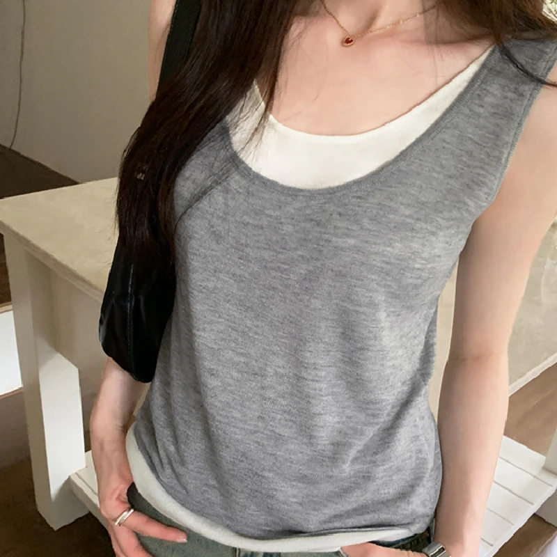

New Fake 2pcs Tanks Women Korean Fashion Contrasting Color U-neck Loose Sleeveless Tops Summer Summer Simple Sweat Girls Tops