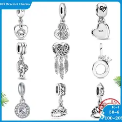 New Silver Fine New Silver 925 Charms mother and son heart dangle charm bead charms fit  original Pandora bracelets