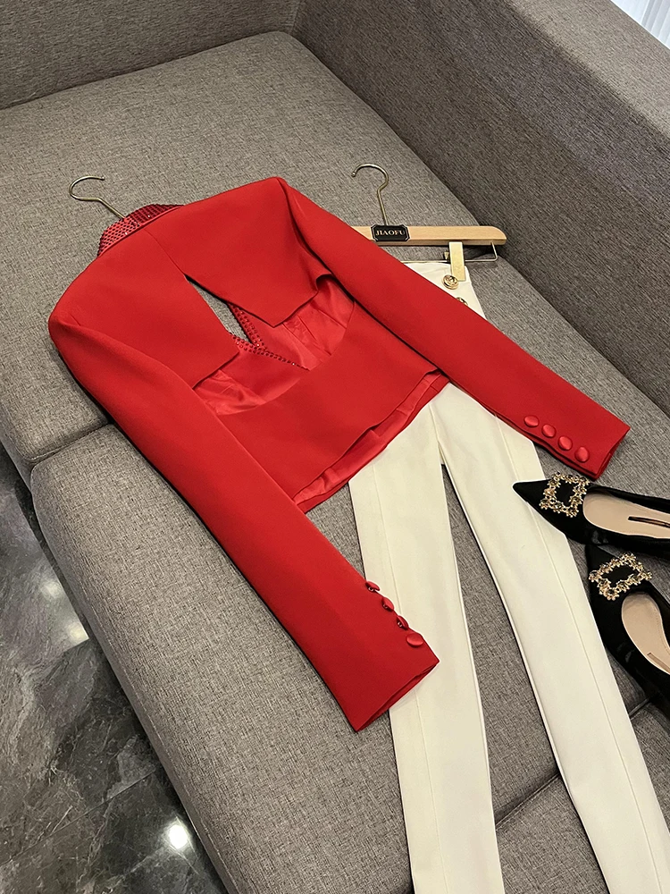 Faionable American Sle ort Bal Long Sve Diamond Embellied Women's Suit Commute Sle Slim Fit V-Ne Pure Color