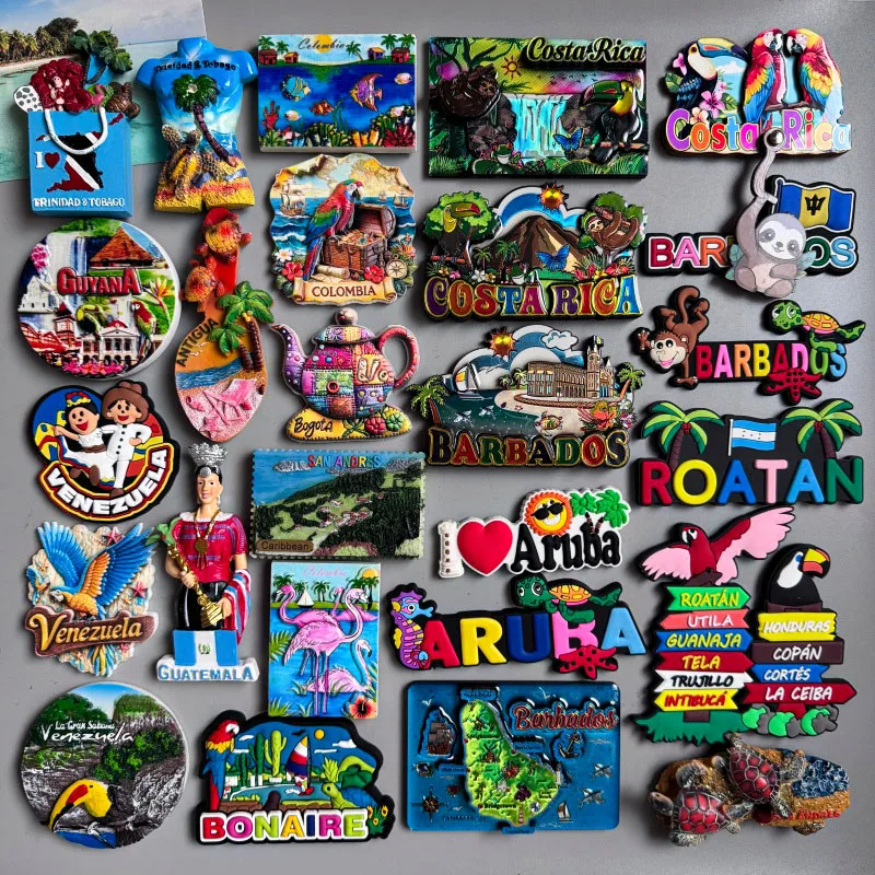 Latin American tourist souvenir fridge magnets Trinidad Tobago Venezuela Bogota Columbia Antigua Barbados Aruba Honduras Guyana