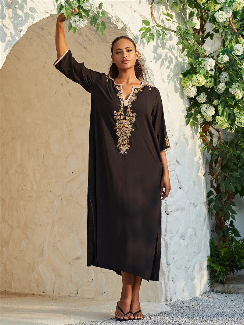 Golden Embroidery V Neck Beach Cover Up Saida De Praia Swimsuit Women Bikini Cover Up Tunics for Beach Pareo Sarong Beachwear
