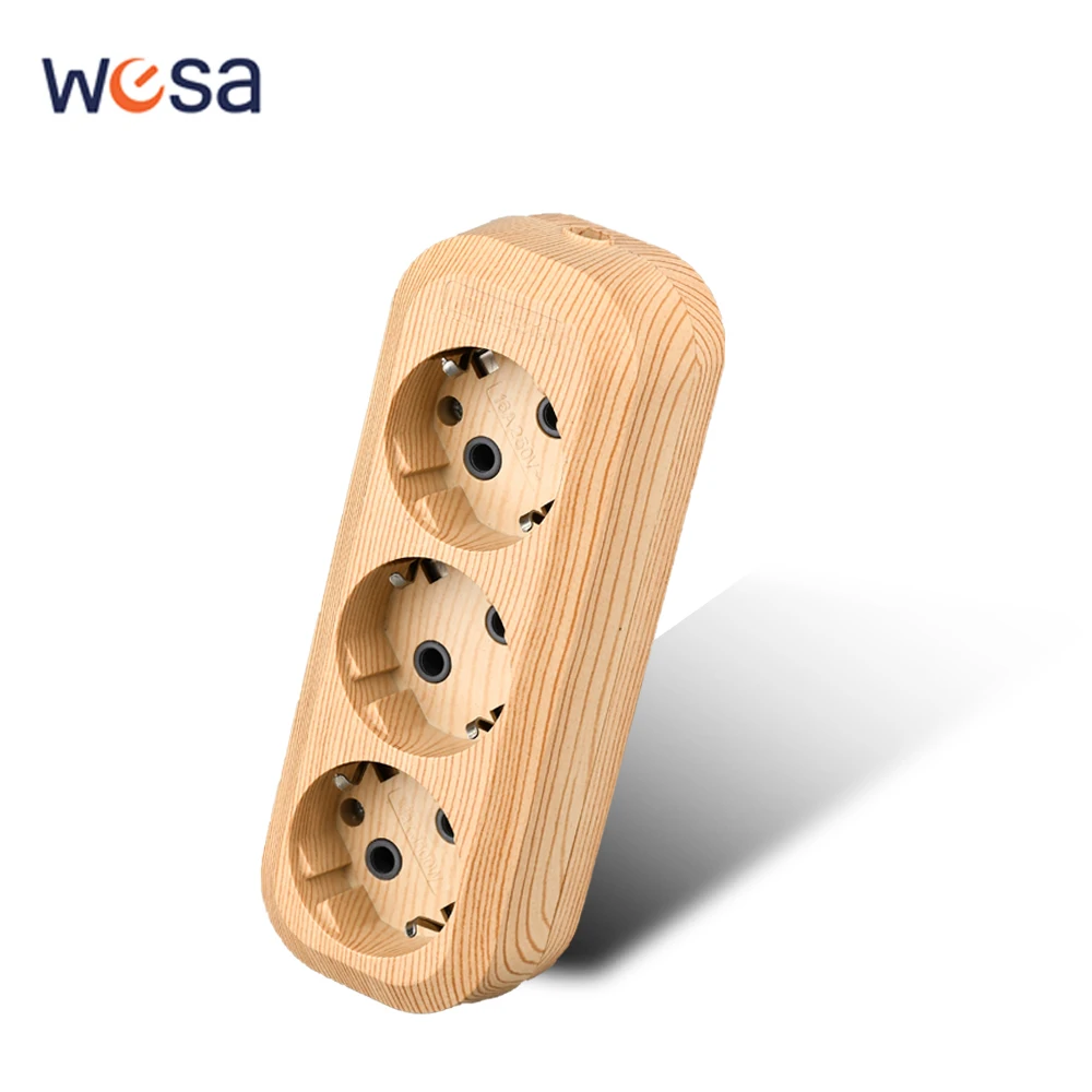 

WESA Wood 3 Way Terminal Block EU Standard Electrical Outlett Ground Vintage Imitation Wooden Power Socket Flame Retardant