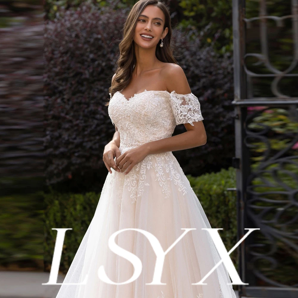 LSYX personnalisé épaules dénudées manches courtes Tulle robe de bal robe de mariée dentelleAppliques décolleté en coeur longueur au sol robe de mariée