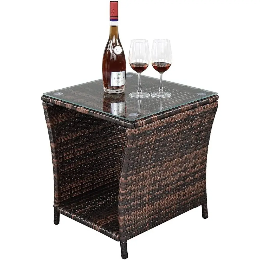 

Brown Wicker Outdoor Side Table with Tempered Glass Top and Storage for Patio, Balcony, Deck