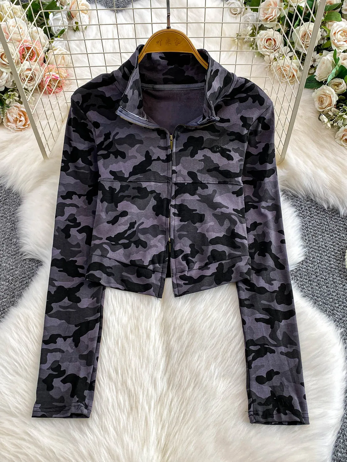 Damska kurtka w stylu retro z amerykańskim kamuflażem, jesienno-zimowa, codzienna, z podwójnym zamkiem błyskawicznym, o długości ort, chroniąca przed słońcem.