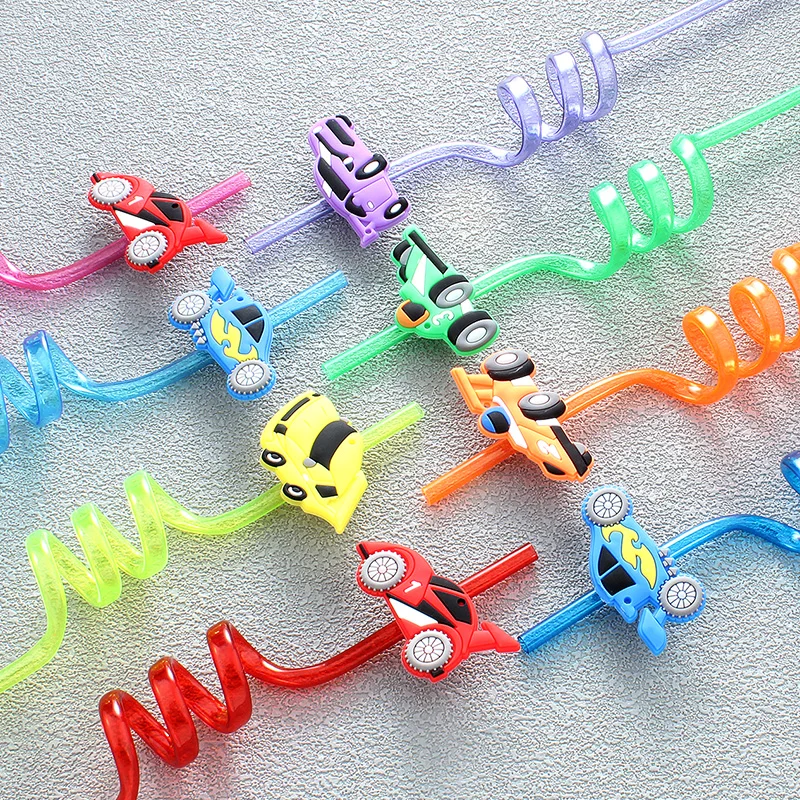 8pcs 26cm Racing Kids Party Themed Straws Reusable Car Plastic Helical Drinking Straw for Boy Racing Car Birthday Party Decor