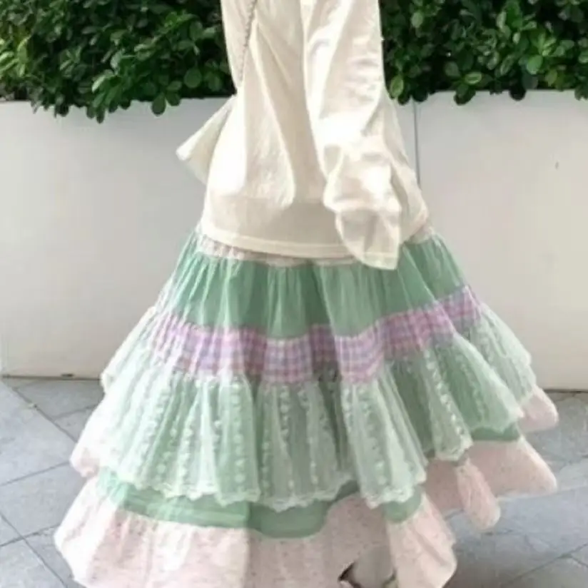 

Lace Patchwork Cotton Printed Long Skirt For Women's 2025 Fashion Japanese Sweet Mori Girl Mid Length Skirts Woman Clothes