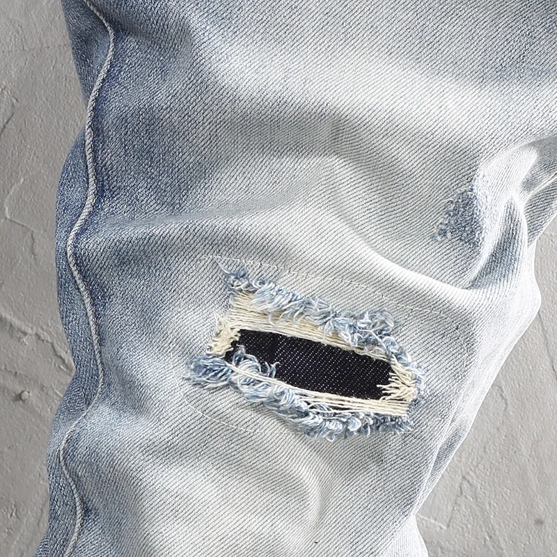 High Street Fashion Men Jeans Retro Light Blue Elastic Stretch Skinny Ripped Jeans Men Patch Designer Hip Hop Denim Pants Hombre