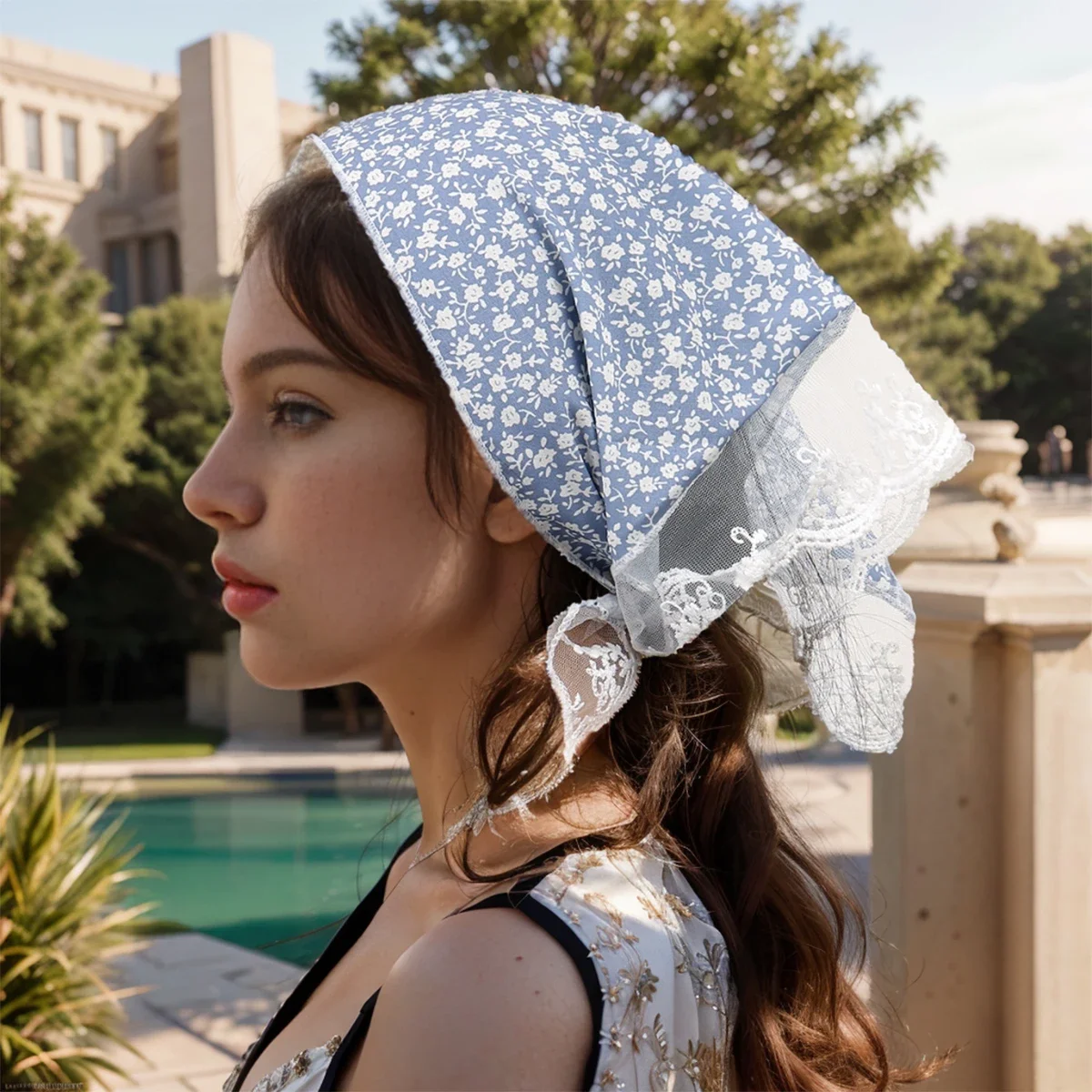 Girls Summer Sweet Scarf Vintage Women's Lace Triangle Scarves For Muslim Women Printed Floral Hijab Turban Hair Accessories