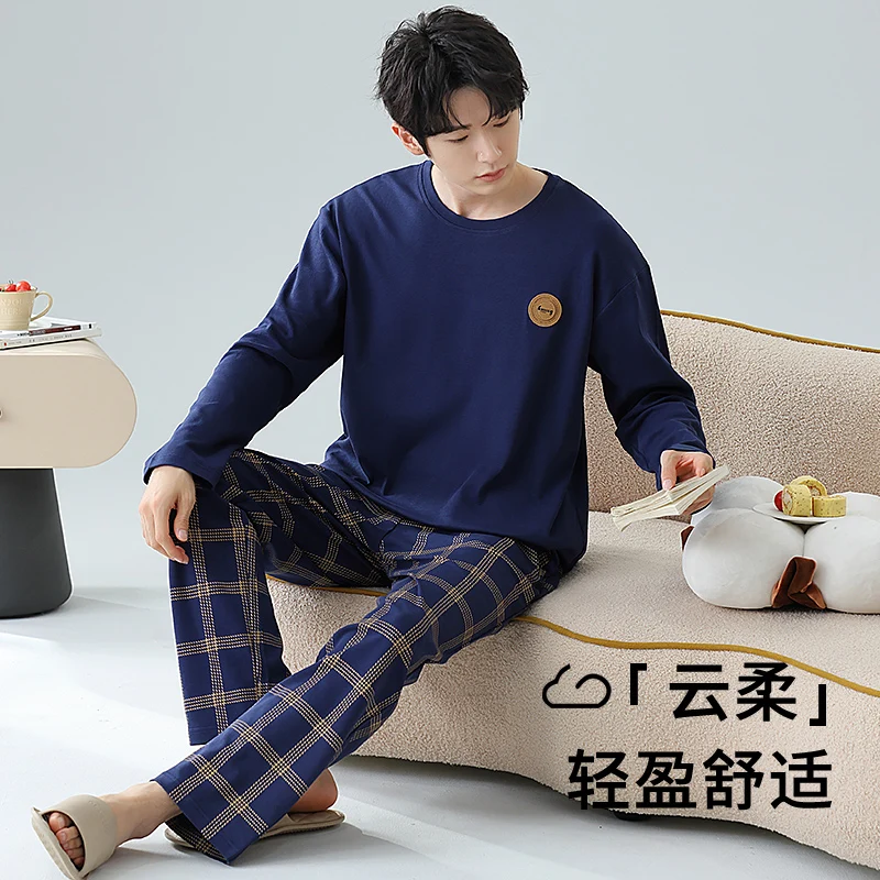 Plus Size L-5XL Men 100% Cotton Pajamas Set Spring and Autumn Fashion Plaid Casual Sleepwear Suit Home Clothes