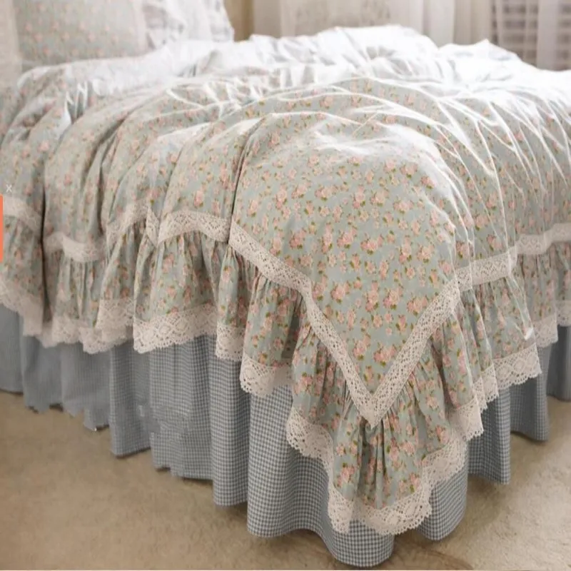 Pastoral Style Egyptian Cotton Bedding Set Luxury Flowers Printing Lace Princess Duvet Cover Bed Skirt Bedspread Pillowcases