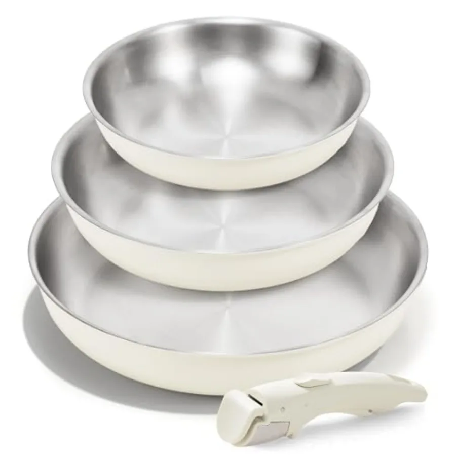 

Non Stick Stainless Steel Pan Set 10" 12" Tri-Ply Frying Pan Skillet with Removable Handles PFOA-Free Cream White Ceramic Exter