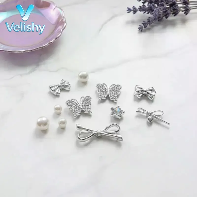 10Pcs Ins Style Y2K Shoe Charms Shiny Rhinestone Pearl Butterfly Bow Decor for Women Clogs Sandals Daily Use