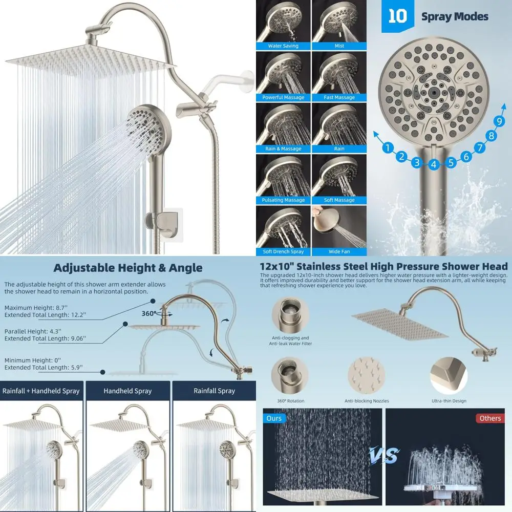 

All Metal 12 High Pressure Rainfall Shower Head Combo with Adjustable Curved Shower Head and Handheld for Enhanced Bathroom Expe