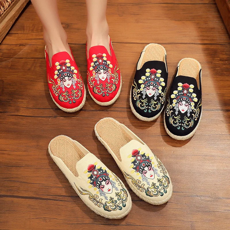 

Women Beautiful Embroidered Linen Shoes Ethnic Flavor Fisherman Shoes Breathable Linen Beach Sandals Women's Slippers