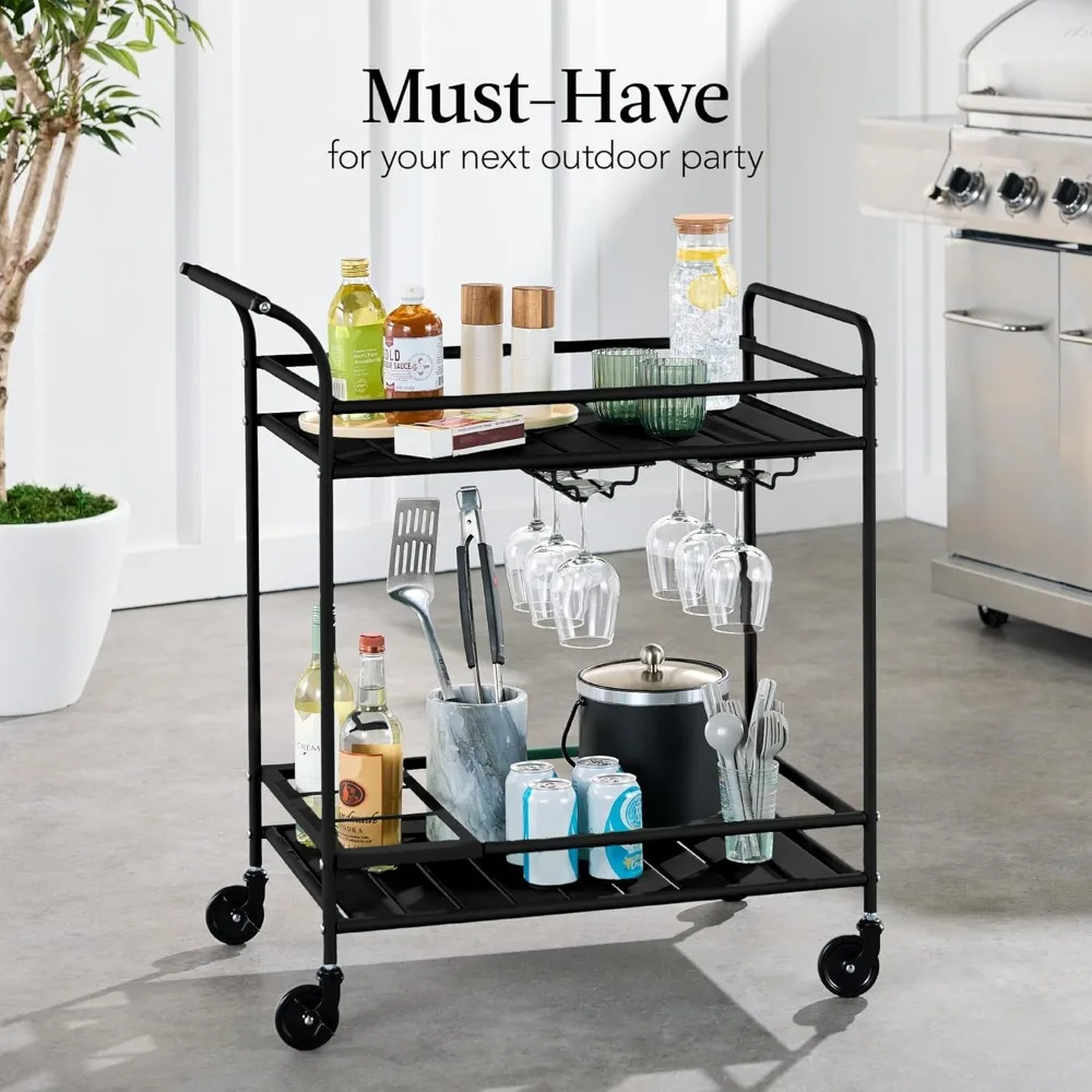Outdoor Mobile Patio Bar Cart, Home Bar Serving Cart, BBQ Side Table w/ 2 Tier Storage, Wine Rack, Lockable Wheels - Black
