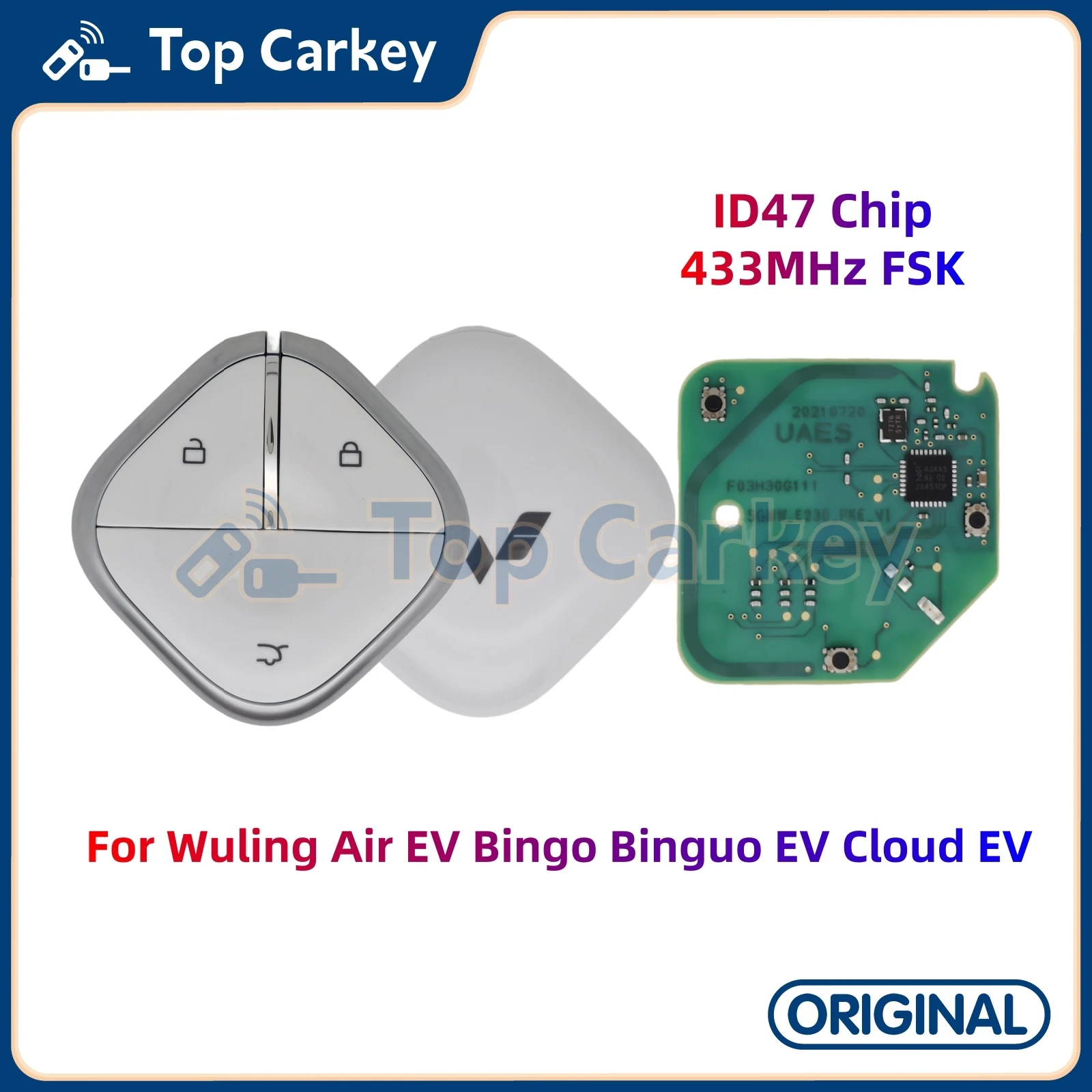 

TopCarkey Original Smart Remote Key Keyless 3 Buttons ID47 Chip 433MHz for Wuling Air EV Bingo Binguo EV Cloud EV