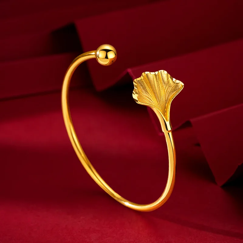 Luck Goddess's Bracelet Gilded Ginkgo Leaf Real 18K Gold Color Bangle Bracelet for Women Wedding Engagement Luxury Jewelry