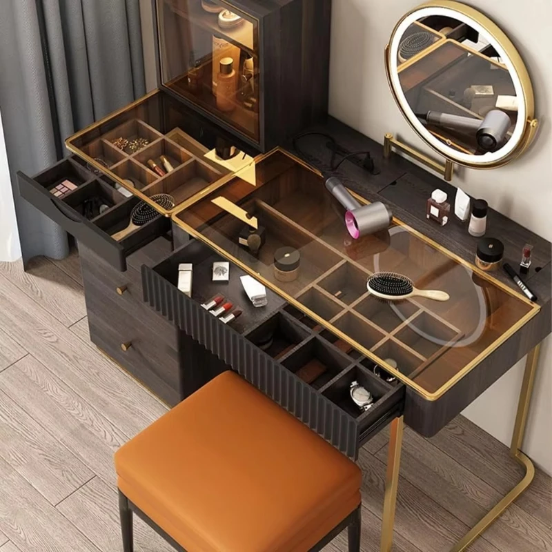 4 chest of drawers open shelf vanity with detachable mirror vanity with Light Emitting Diode mirror vanity