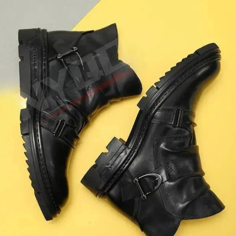 2025 Retro Men's Motorcycle Leather Boots British Style Round Head High Top Shoes Casual Platform Boots Moto Street Gear