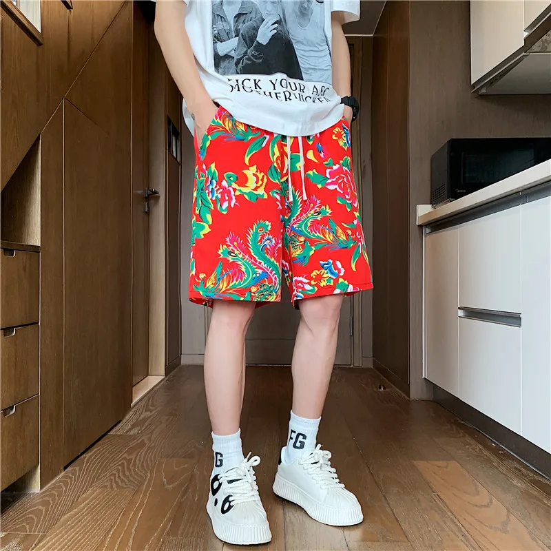 Summer New Men Lace-up Printed Beach Shorts Black / Red / Blue 2024 Male Casual Daily Flower Shorts