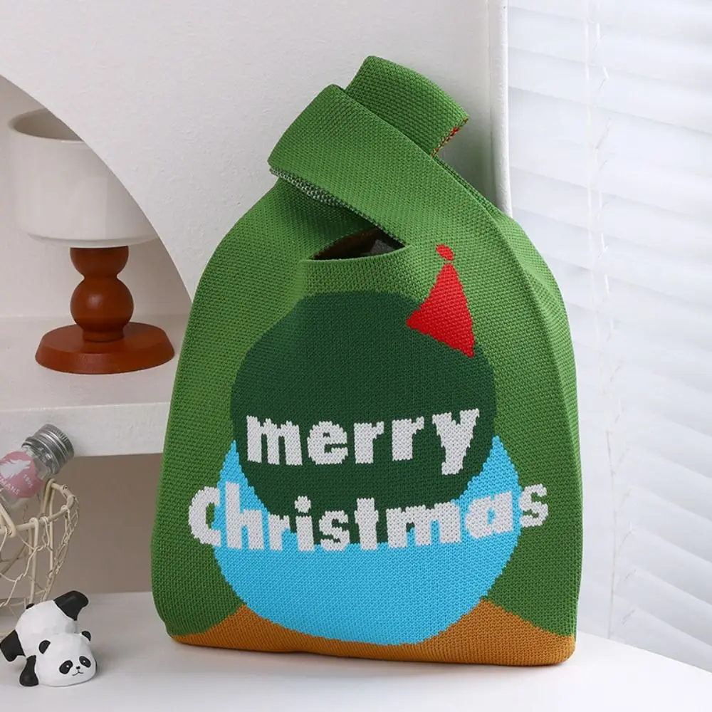 New Polyester Women Christmas Knit Bag Snowman Reusable Knot Wrist Bag Gift Bags Christmas Tree Handmade Knit Handbag