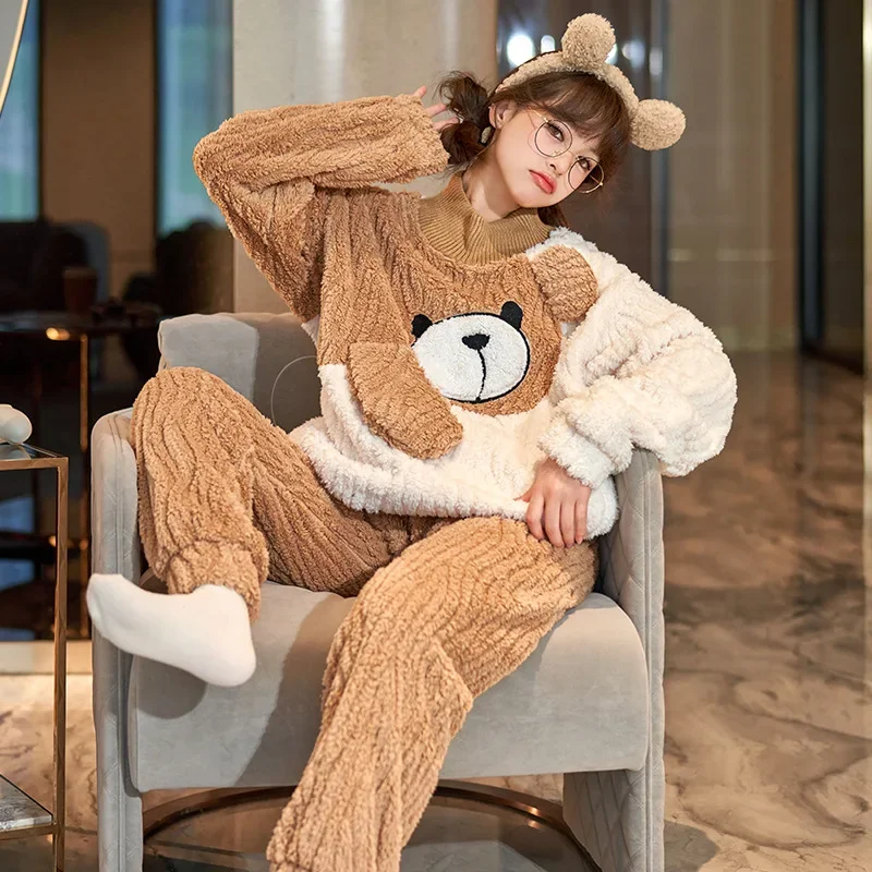 Couples Pajamas Sets Women Men Winter Thicken Sleepwear Pyjama Coral Fleece Korean Cartoon Bear Lovers Pijama Suits Soft Warm