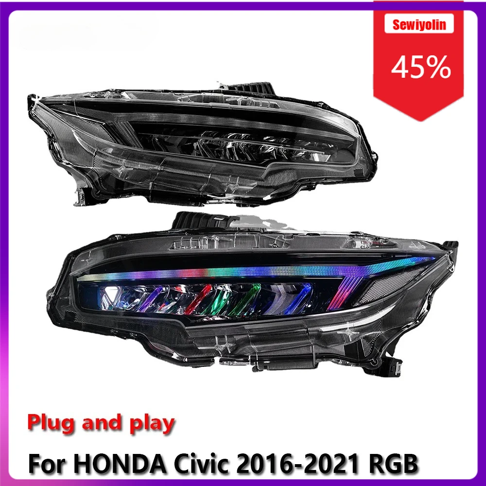 

Sewiyolin автомобильные светодиодные лампы фары в сборе для HONDA Civic 2016-2021 RGB противотуманные фары DRL тормозной указатель поворота