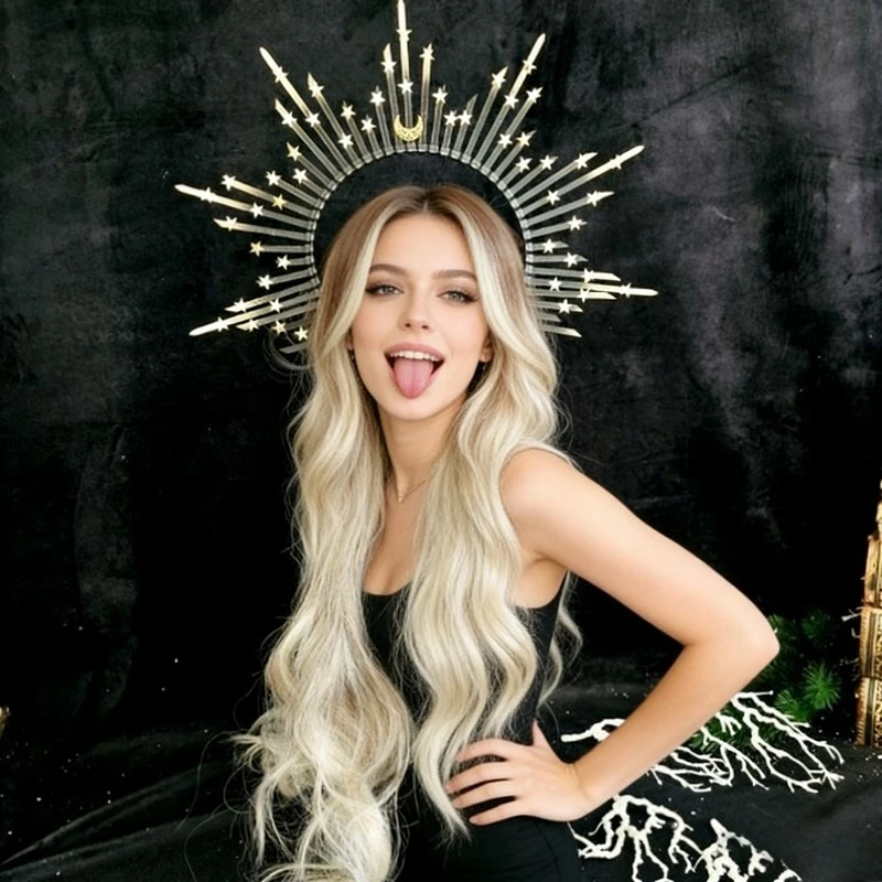 

Moon and Stars Halo Crown –Gold Celestial Tiara for Happy Holidays, Special Occasion Headpiece.Maternity photography accessories