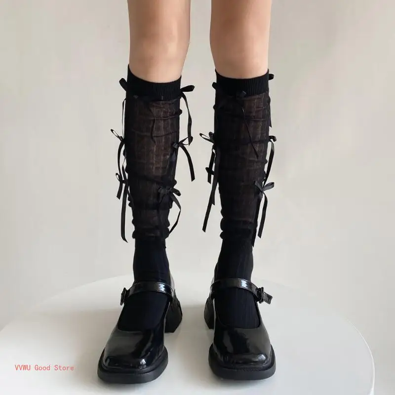 Stylish Ribbon Bow Patchwork Socks Fashionable and Breathable Knee High Socks for Women Daily Wear