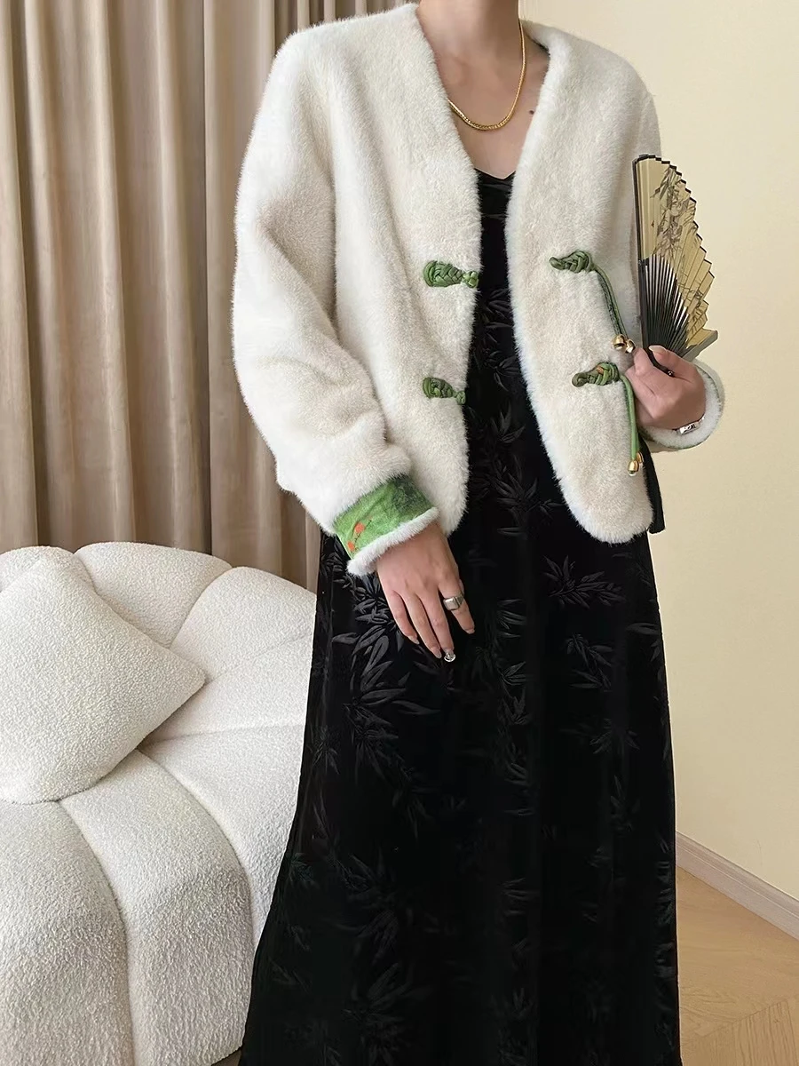 New Chinese Style Buckle Style Imitation Mink Fur Environmentally Friendly Fur Long Sleeved V-Neck Jacket Autumn And Winter