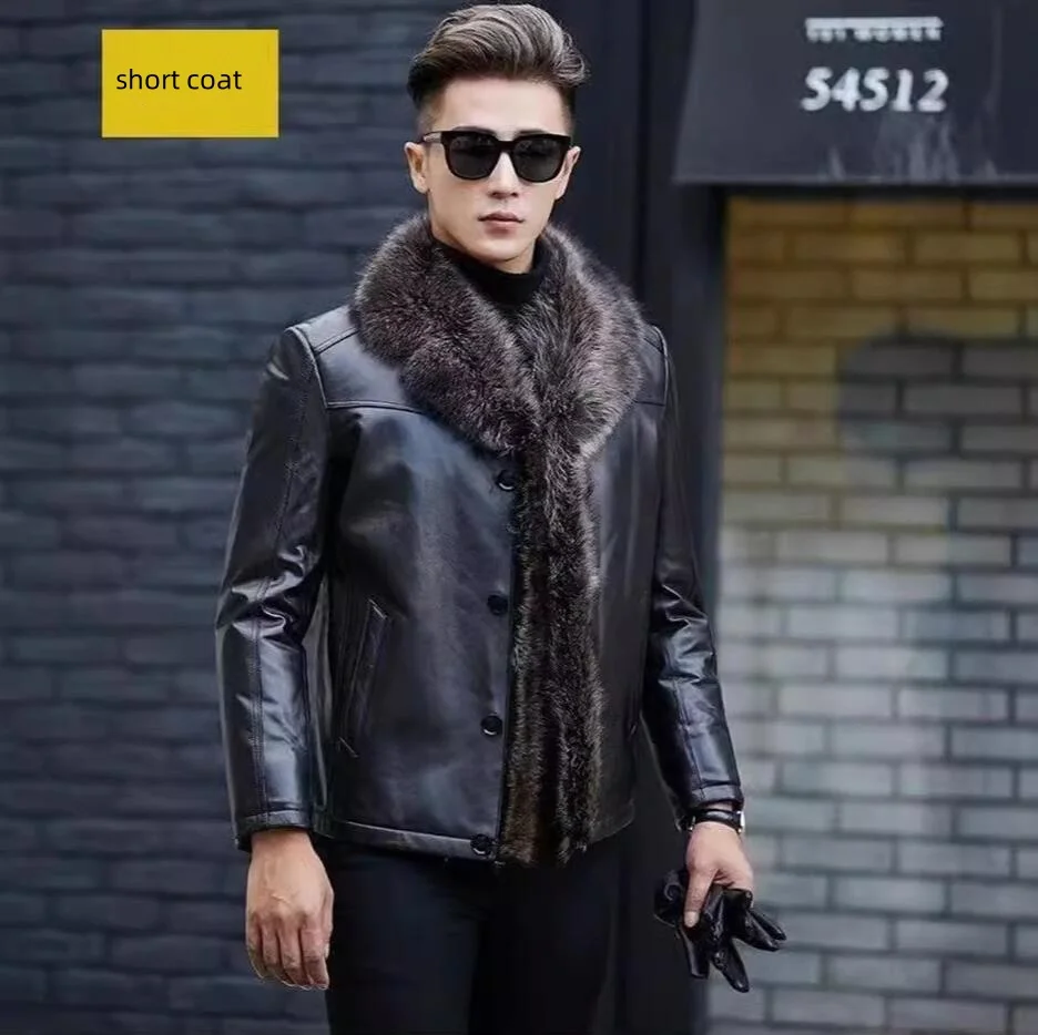 

Fashion New Winter Mens Clothing New Fur collar Turn-down Genuine Leather Men Solid Color Outerwear Coat Thick Warm Parkas