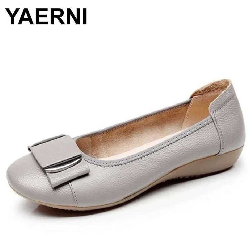 

YAERNI Women Spring Ballet Flats Genuine Leather Ballerina Luxury Shoes Women Bow Causal Slip-on Loafer Shoes For WomenE661