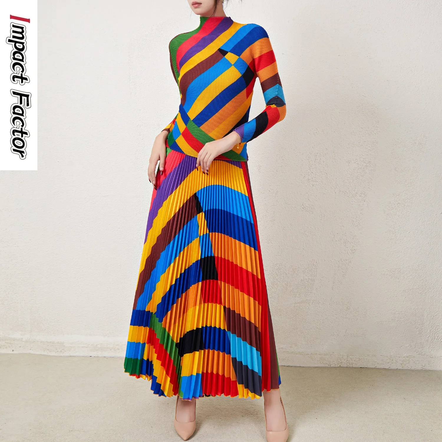 

Miyake New Spring Slim Fit Temperament Top High Waist Half Skirt Two Piece Fashion Pleated Stripe Contrast Color Set for Women