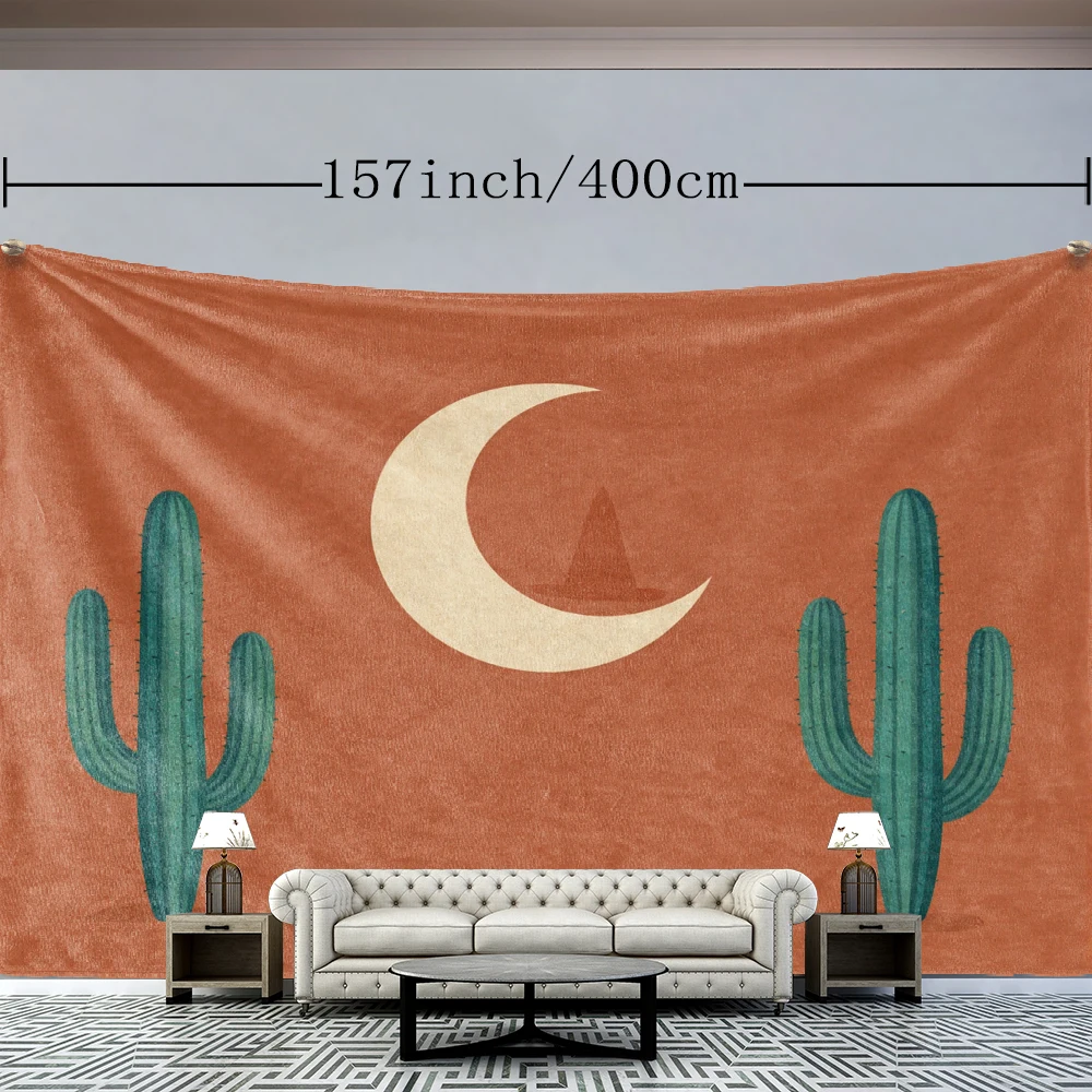 Rust Red Symmetrical Cactus Crescent Moon Wall Tapestry, Southwestern Decor