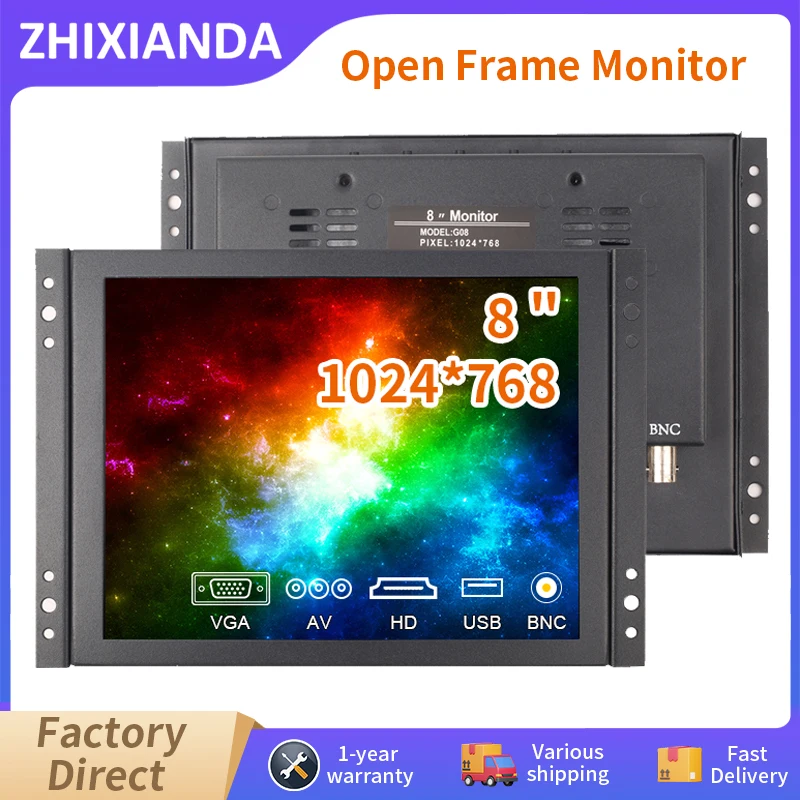 Zhixianda Small Size 8 Inch 4:3 1024x768 HDMI TFT LCD HD Industrial Grade Resistive Capacitive Touch Screen Open Frame Monitor