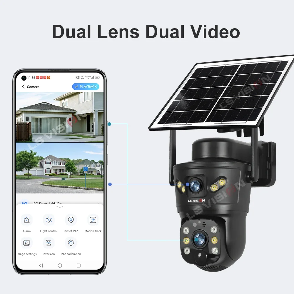 LS VISION 8MP 4G Sim كاميرا تعمل بالطاقة الشمسية شاشة مزدوجة لاسلكية في الهواء الطلق واي فاي PTZ 2-Way Talk Human Auto Tracking Security Camera V380 Pro