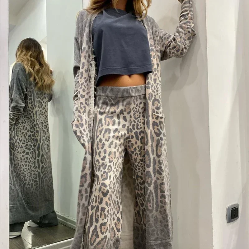 2024 Women\'s Casual Skinny Suit Spring Elegant Commuter Women\'s Suit Fashion Leopard Print Long Cardigan Trousers Two-piece Set