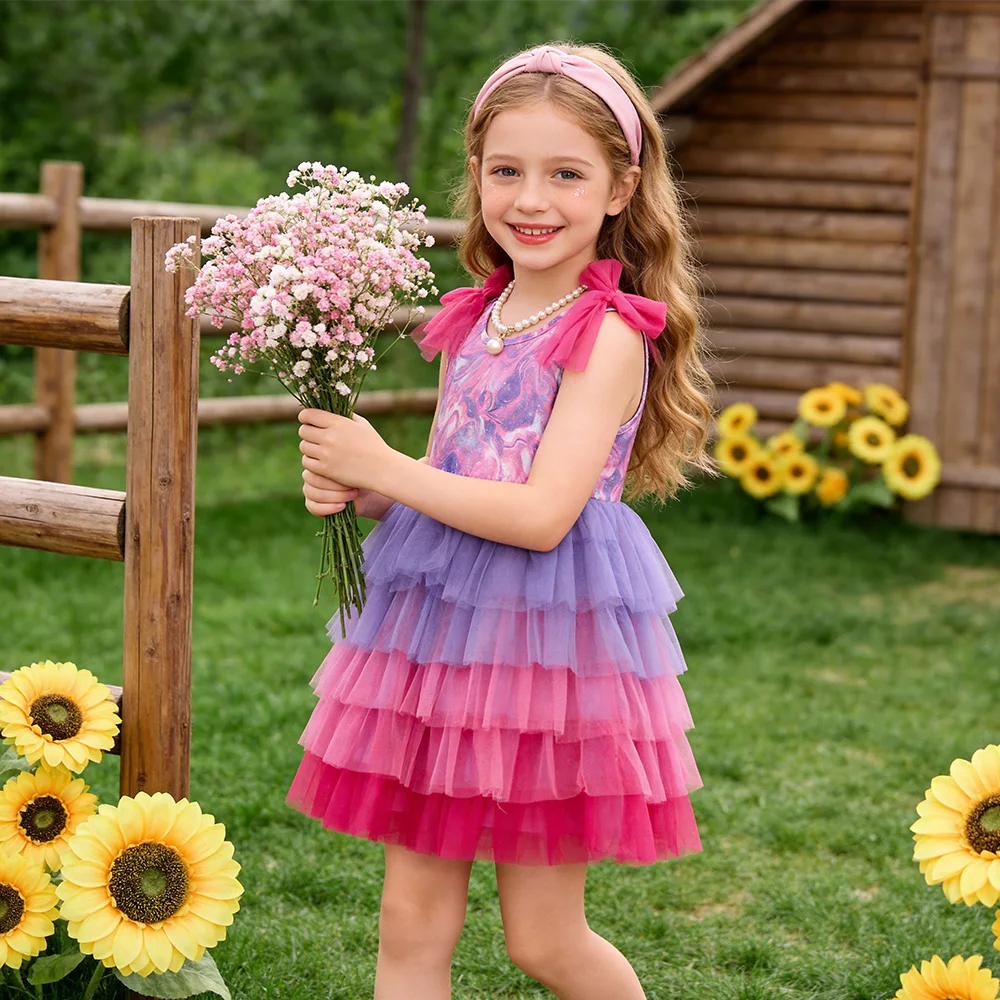 Mädchen-Tüllkleid mit Volants, Rosa Ärmelloses Sommerkleid mit Schleife, Mehrlagiges Geburtstags-Prinzessinnenkleid aus Polyester – Detail 2