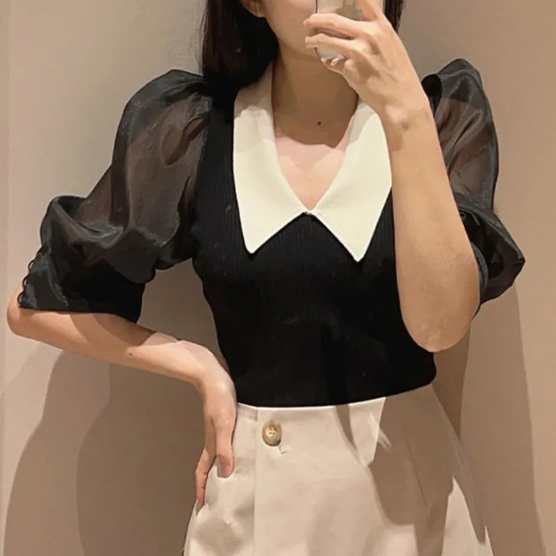 Neploe Commuting Bubble Sleeve Soft Blusas Japanese  New Collar Spliced Mesh Sweater 2024 Summer Thin Knitted Women Tops Mujer