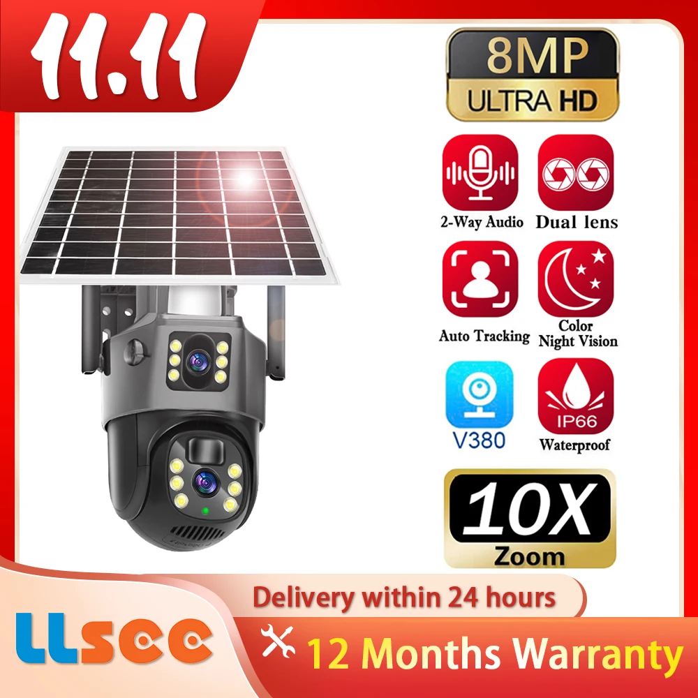 LLSEE V380 Pro 4K 8MP 4G SIM card solar CCTV wireless camera CCTV outdoor WIFI solar camera 360 built-in battery waterproof