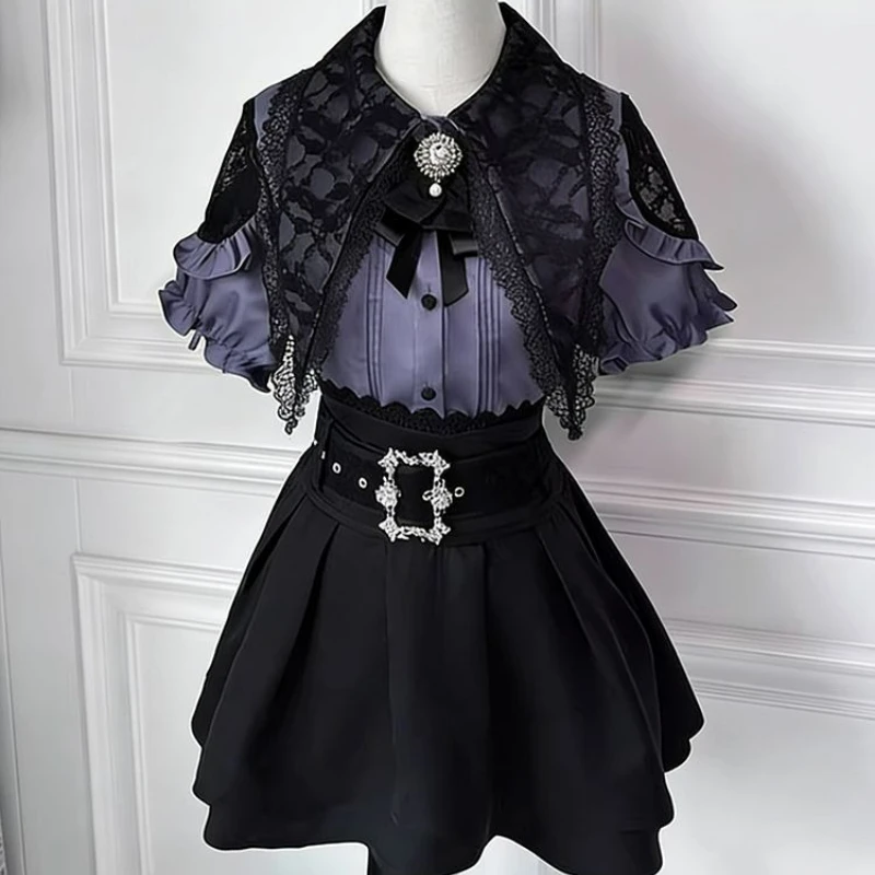 Japanisches Dark Gothic Lolita Rock-Set für Damen, Süßes Schleifen-Spitzen-Oberteil mit Puffärmeln, Kurze Ärmel, Mini-Rock-Anzug, Y2k Ästhetik