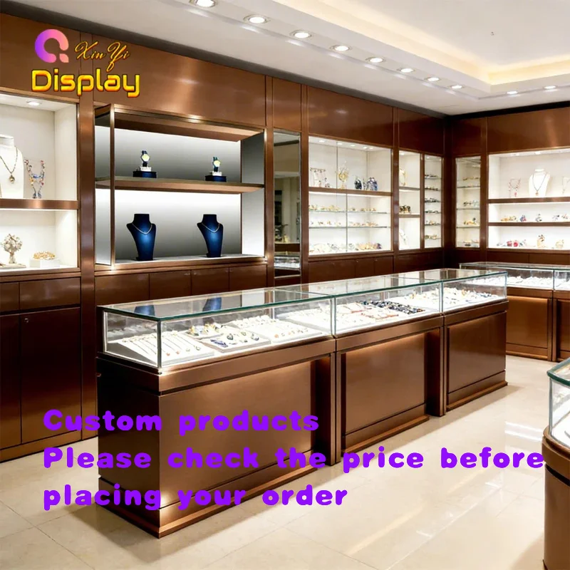 custom.Modern Luxury Stainless Steel Jewelry Display Showcase LED Lighting Eco-Friendly Durable Heavy Duty Customizable High Qua